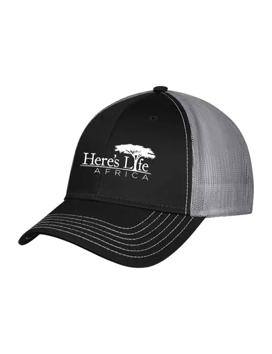 Black/Medium Dark Grey Mesh Trucker Cap Snap Back w/Here's Life Africa Logo