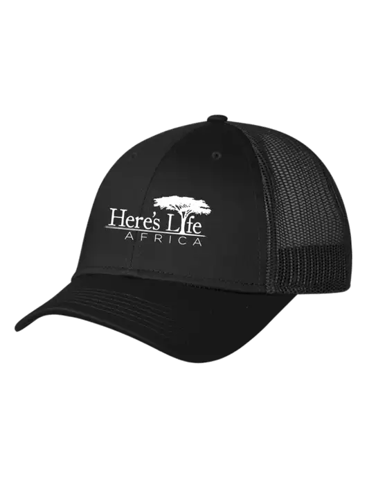 Black Mesh Trucker Cap Snap Back w/Here's Life Africa Logo