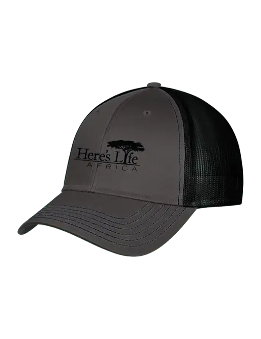 Charcoal & Black Mesh Trucker Cap Snap Back w/Here's Life Africa Logo