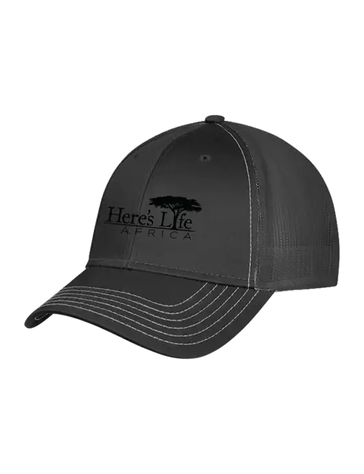 Charcoal Grey Mesh Trucker Cap Snap Back w/Here's Life Africa Logo