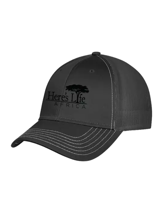 Charcoal Grey Mesh Trucker Cap Snap Back w/Here's Life Africa Logo