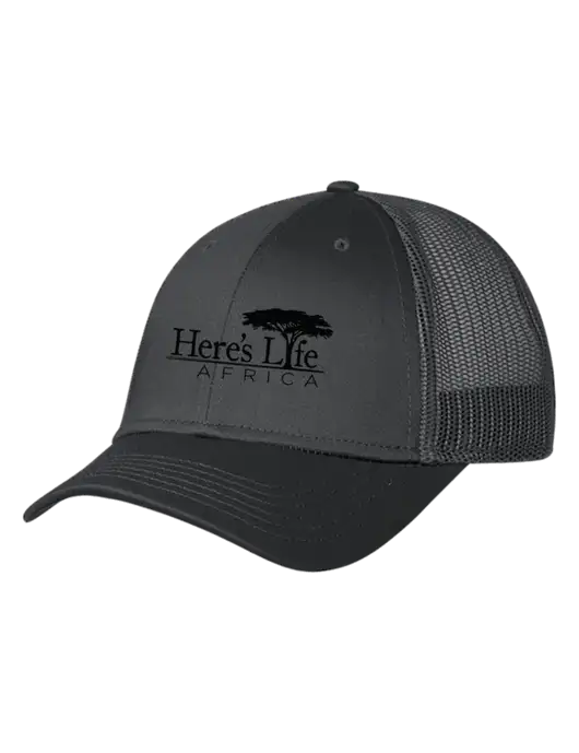 Charcoal Mesh Trucker Cap Snap Back w/Here's Life Africa Logo