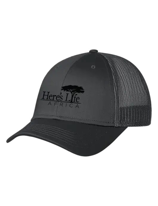Charcoal Mesh Trucker Cap Snap Back w/Here's Life Africa Logo