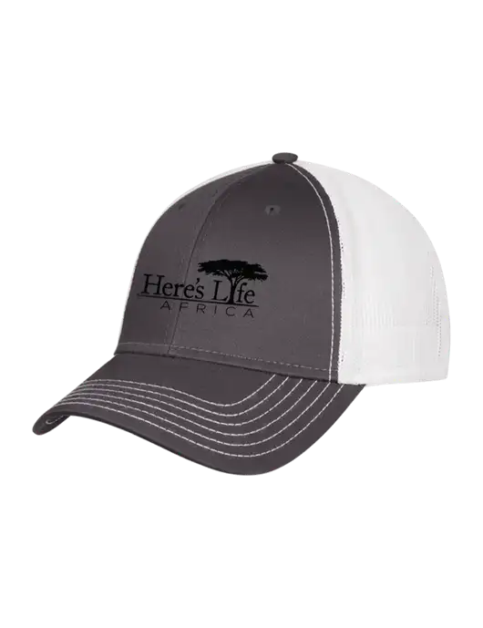 Dark Grey/White Mesh Trucker Cap Snap Back w/Here's Life Africa Logo