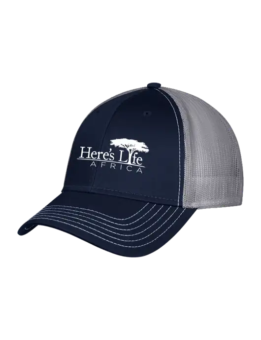 Navy/Grey Mesh Trucker Cap Snap Back w/Here's Life Africa Logo