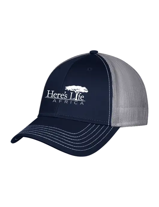 Navy & Grey Mesh Trucker Cap Snap Back w/Here's Life Africa Logo