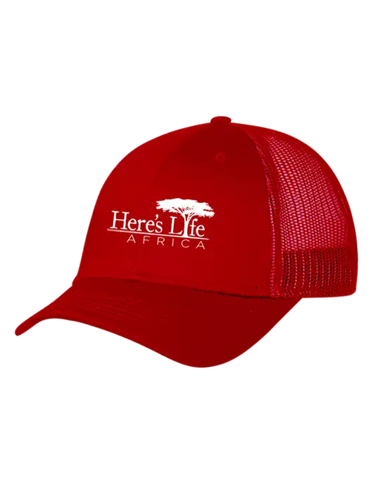 Red Mesh Trucker Cap Snap Back w/Here's Life Africa Logo