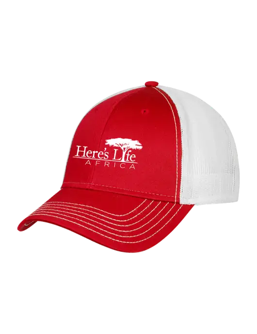Red/White Mesh Trucker Cap Snap Back w/Here's Life Africa Logo