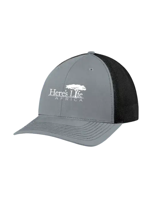 Richardson Adjustable Snapback Original 112 Trucker Cap Heather Grey w/Black Mesh w/Here's Life Africa Logo