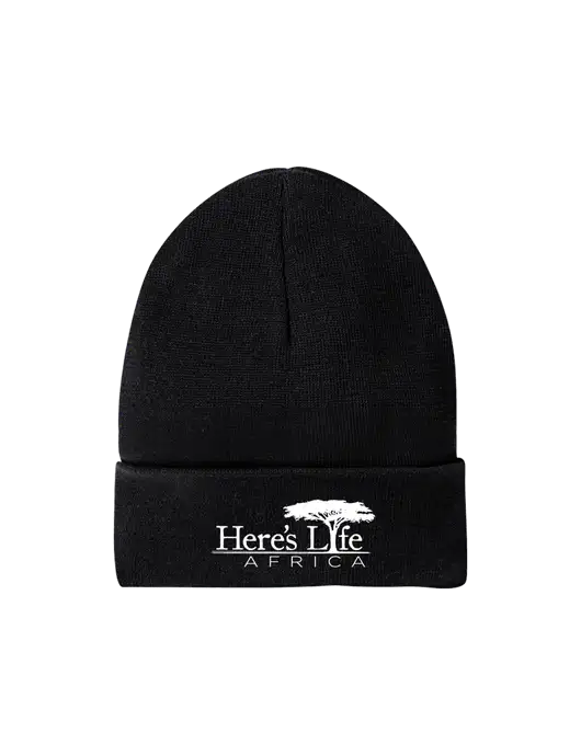 Recycled Black Beanie w/Here's Life Africa Logo