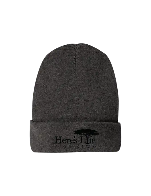 Recycled Charcoal Heather Beanie w/Here's Life Africa Logo