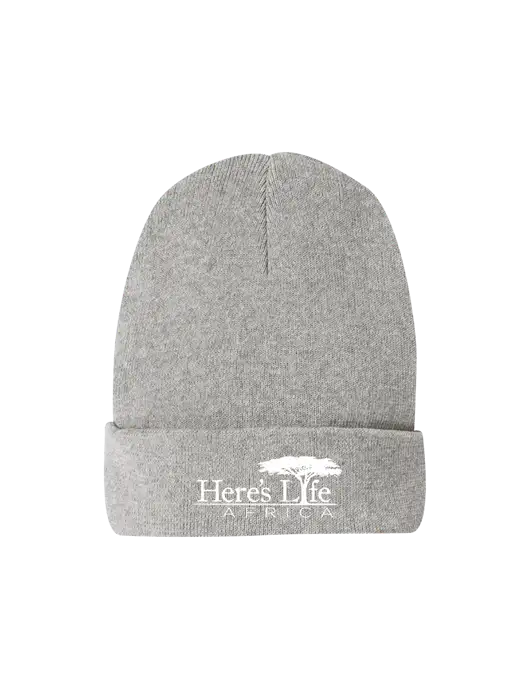 Recycled Light Heather Grey Beanie w/Here's Life Africa Logo