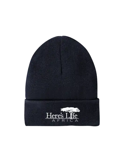 Recycled True Navy Beanie w/Here's Life Africa Logo