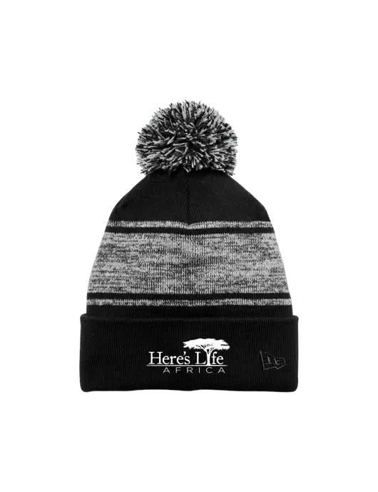 New Era Black/Charcoal Knit Chilled Pom Beanie w/Here's Life Africa Logo