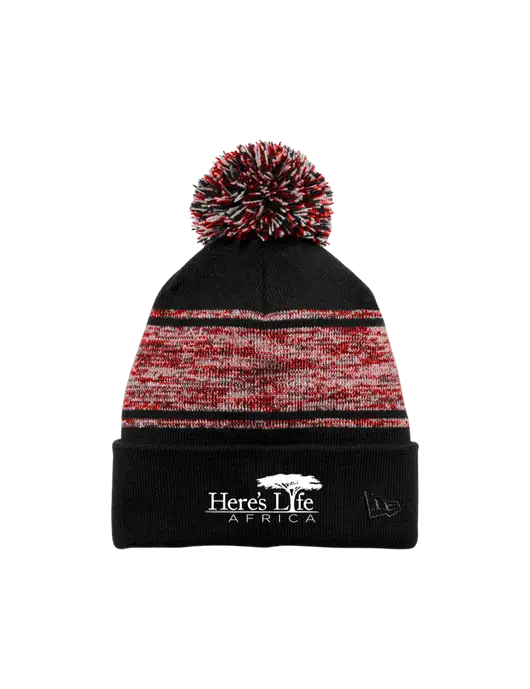 New Era Black/Red Knit Chilled Pom Beanie w/Here's Life Africa Logo