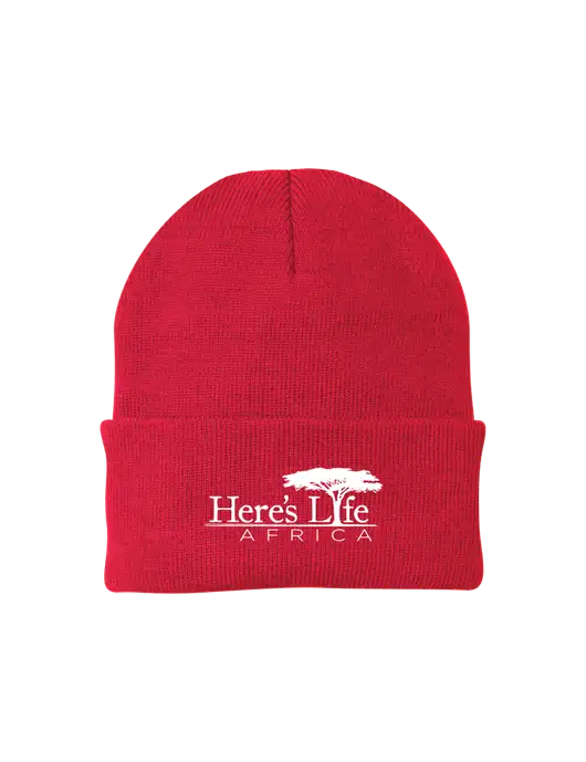 Red Knit Cap w/Here's Life Africa Logo