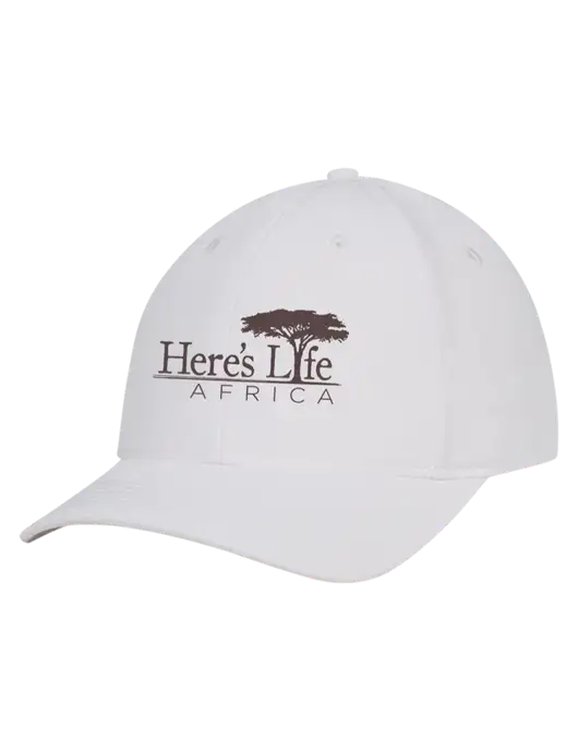 White Nylon Twill Performance Cap w/Here's Life Africa Logo