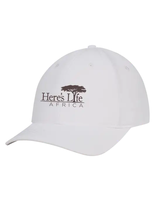 White Nylon Twill Performance Cap w/Here's Life Africa Logo