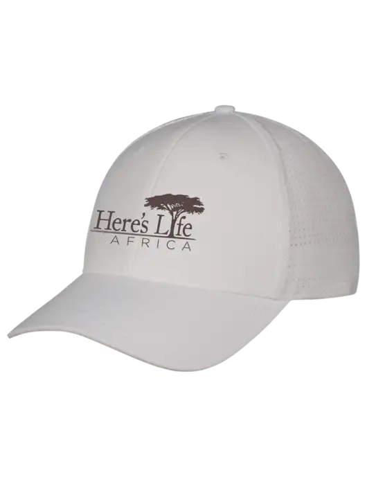 White Performance Stretchable Cap Hook & Loop w/Here's Life Africa Logo