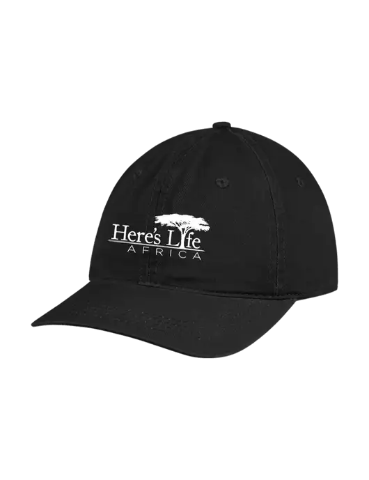 Garment Washed Unstructured Twill Black Cap w/Here's Life Africa Logo