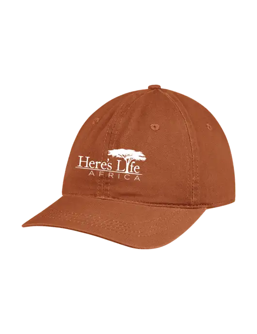 Garment Washed Unstructured Twill Burnt Orange Cap w/Here's Life Africa Logo