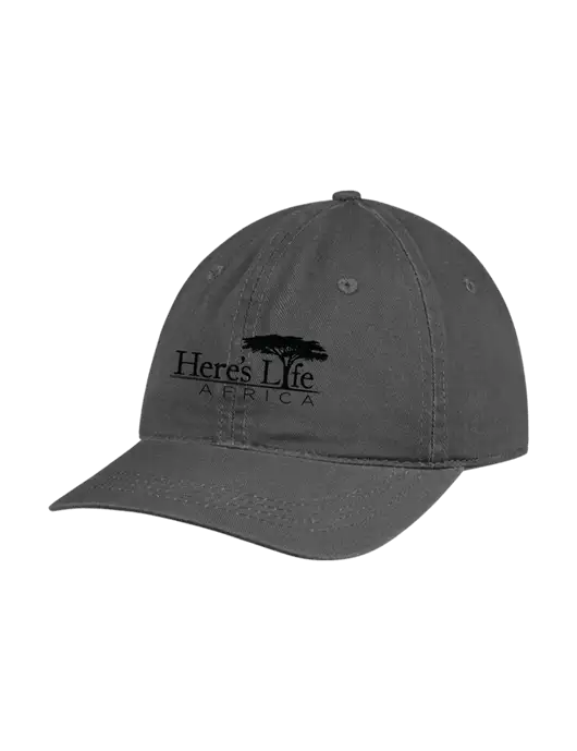 Garment Washed Unstructured Twill Charcoal Cap w/Here's Life Africa Logo