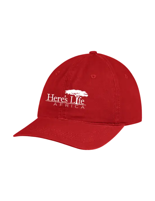 Garment Washed Unstructured Twill Red Cap w/Here's Life Africa Logo
