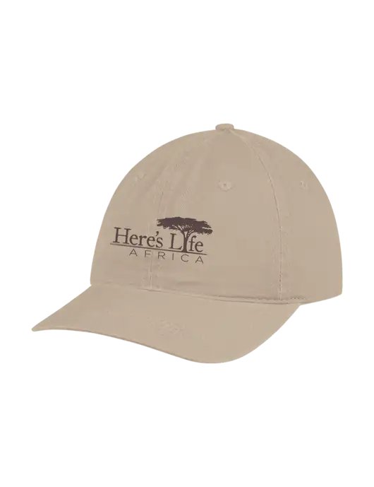 Garment Washed Unstructured Twill Tan Cap w/Here's Life Africa Logo