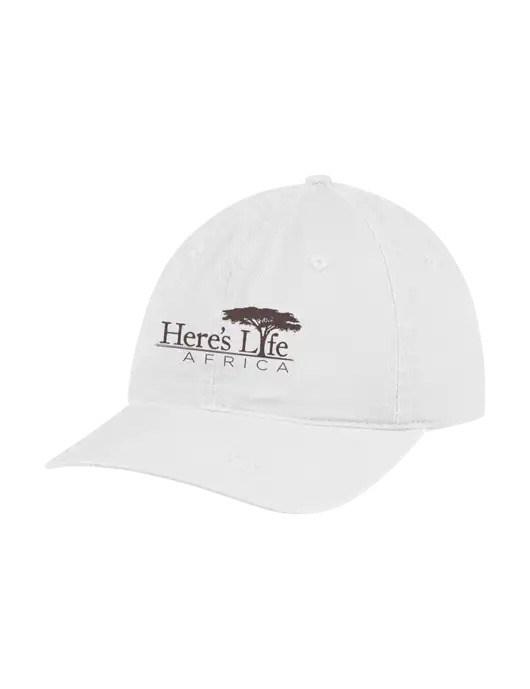 Garment Washed Unstructured Twill White Cap w/Here's Life Africa Logo