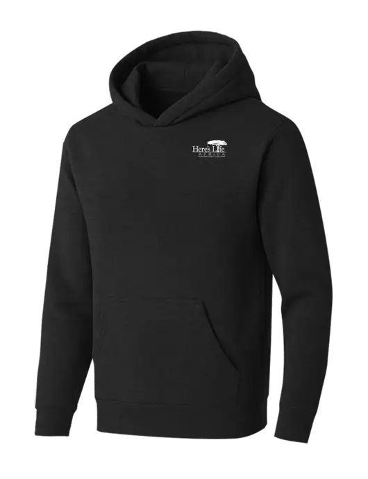 BELLA+CANVAS Black Heather Sponge Fleece Pullover Hoodie w/Here's Life Africa Logo