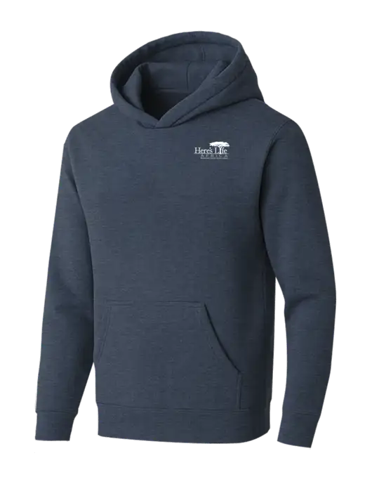 BELLA+CANVAS Heather Navy Sponge Fleece Pullover Hoodie w/Here's Life Africa Logo
