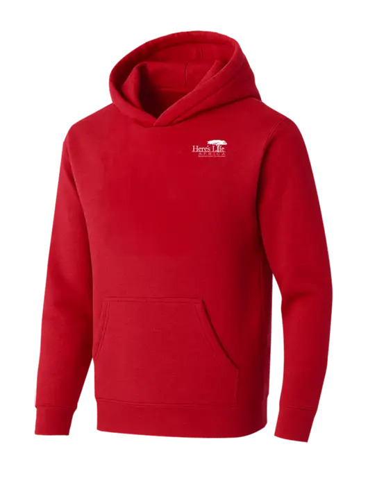 BELLA+CANVAS Red Sponge Fleece Pullover Hoodie w/Here's Life Africa Logo