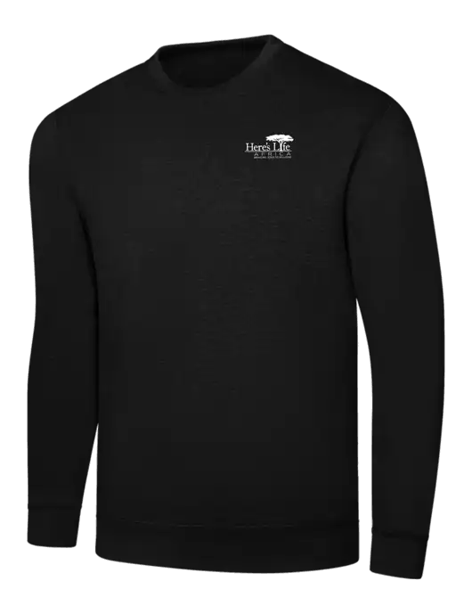 Black 7.8 oz Ring Spun Crew Sweatshirt w/Here's Life Africa Logo