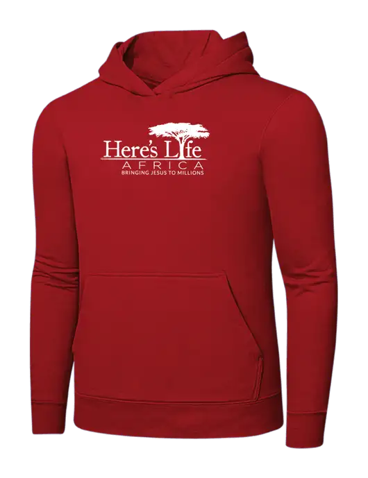 Bright Red 8.5 oz Ring Spun Hooded Sweatshirt w/Here's Life Africa Logo