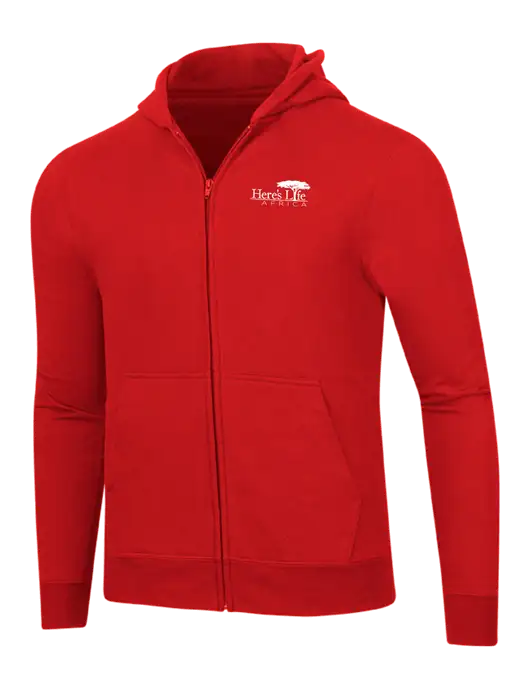 Bright Red 8.5 oz Ring Spun Zip Hooded Sweatshirt w/Here's Life Africa Logo