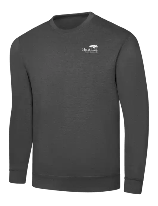 Charcoal 7.8 oz Ring Spun Crew Sweatshirt w/Here's Life Africa Logo