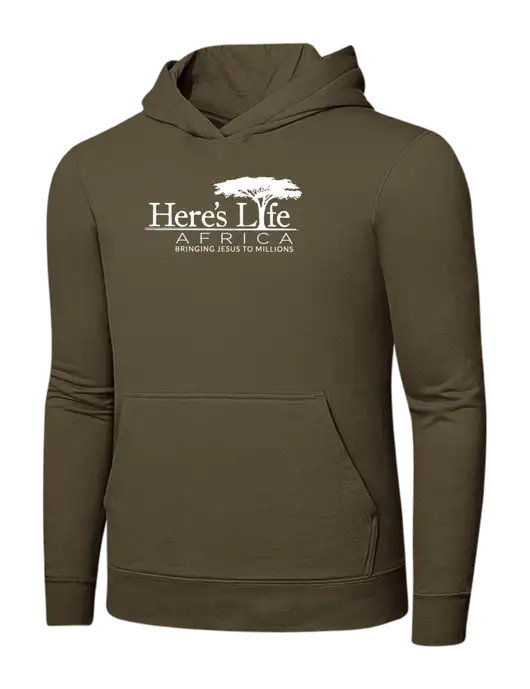 Coyote Brown 7.8 oz Ring Spun Hooded Sweatshirt w/Here's Life Africa Logo