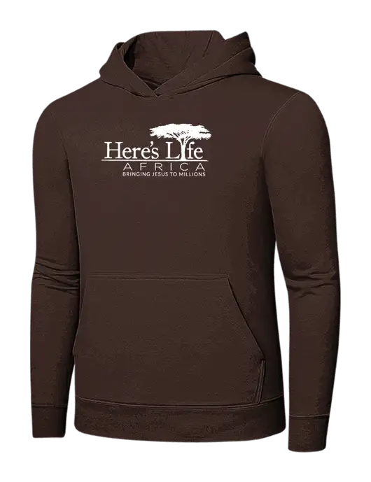 Dark Chocolate Brown 7.8 oz Ring Spun Hooded Sweatshirt w/Here's Life Africa Logo