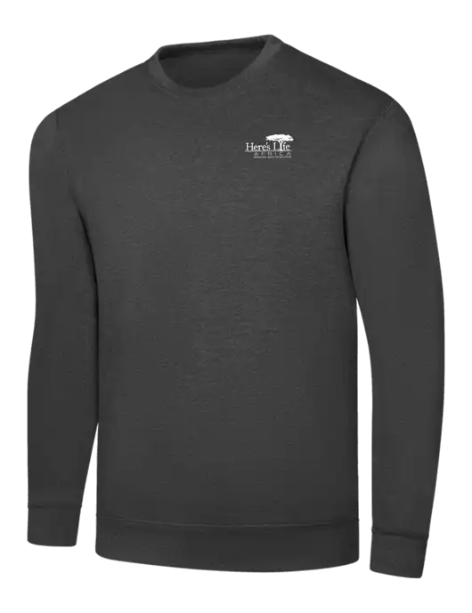 Dark Heather Grey 7.8 oz Ring Spun Crew Sweatshirt w/Here's Life Africa Logo