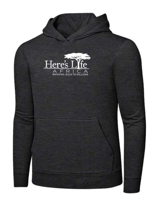 Dark Heather Grey 7.8 oz Ring Spun Hooded Sweatshirt w/Here's Life Africa Logo