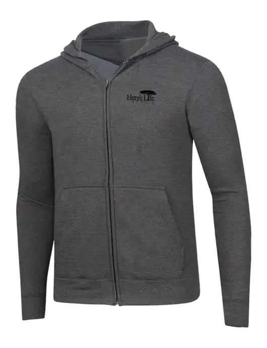 Dark Heather Grey 8.5 oz Ring Spun Zip Hooded Sweatshirt w/Here's Life Africa Logo