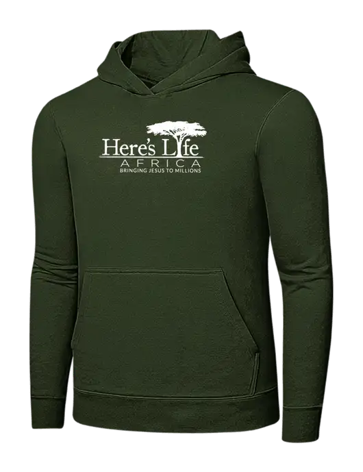 Very Dark Olive 7.8 oz Ring Spun Hooded Sweatshirt w/Here's Life Africa Logo