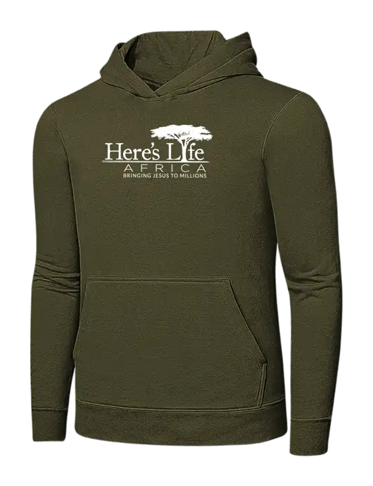 Dark Olive Green 7.8. oz Ring Spun Hooded Sweatshirt w/Here's Life Africa Logo