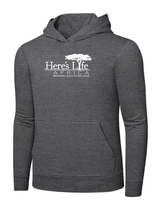 Graphite Heather 7.8. oz Ring Spun Hooded Sweatshirt w/Here's Life Africa Logo