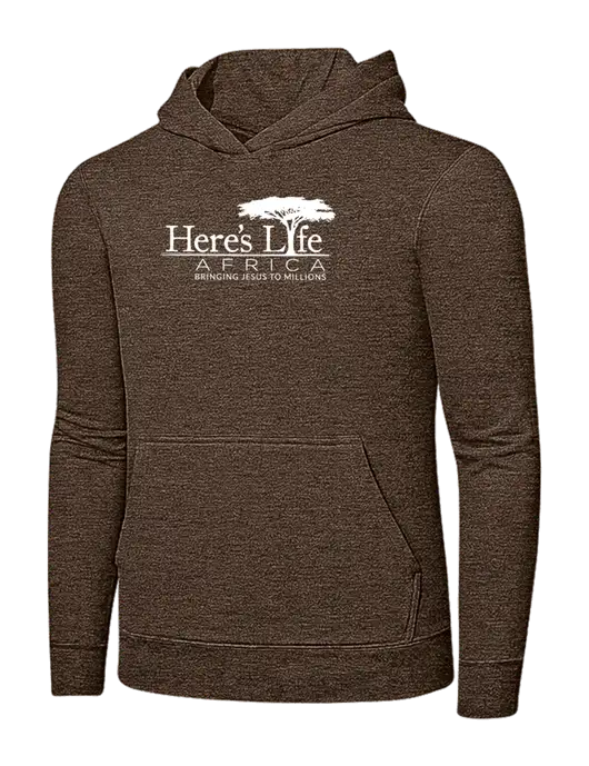Heather Dark Chocolate Brown 7.8 oz Ring Spun Hooded Sweatshirt w/Here's Life Africa Logo