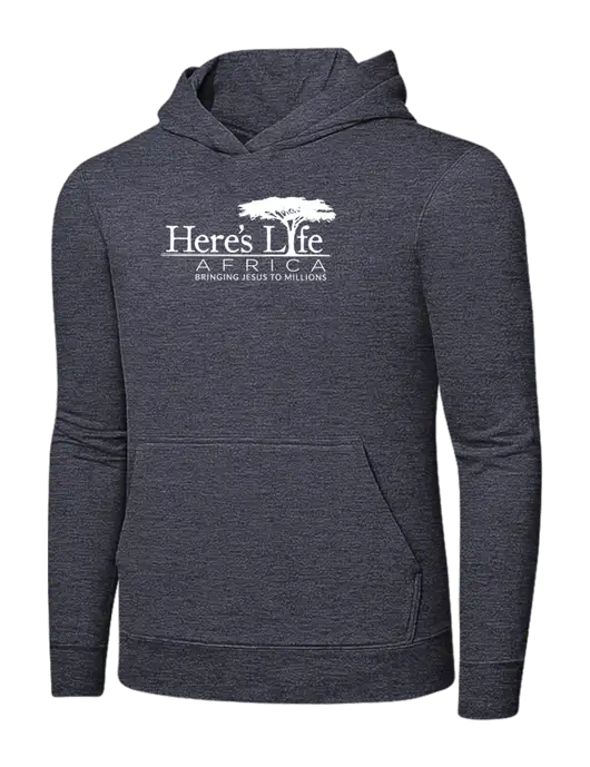 Heather Navy 7.8 oz Ring Spun Hooded Sweatshirt w/Here's Life Africa Logo
