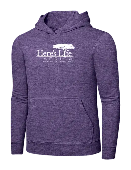 Heather Purple 7.8. oz Ring Spun Hooded Sweatshirt w/Here's Life Africa Logo