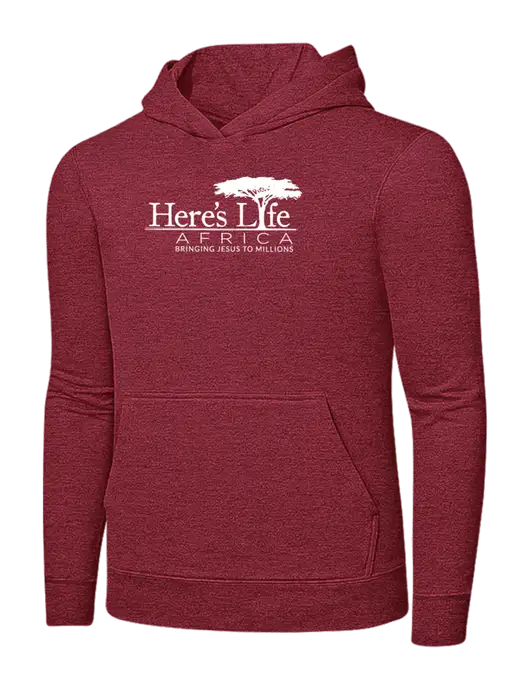 Heather Red 7.8 oz Ring Spun Hooded Sweatshirt w/Here's Life Africa Logo