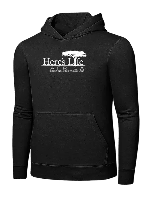 Jet Black 7.8 oz Ring Spun Hooded Sweatshirt w/Here's Life Africa Logo