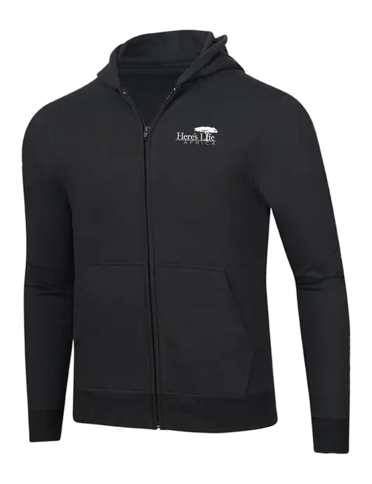 Jet Black 8.5 oz Ring Spun Zip Hooded Sweatshirt w/Here's Life Africa Logo